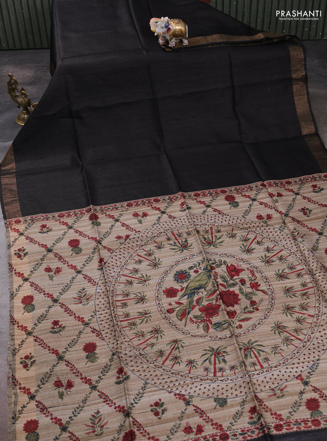 Pure dupion silk saree black and beige with plain body and printed pallu