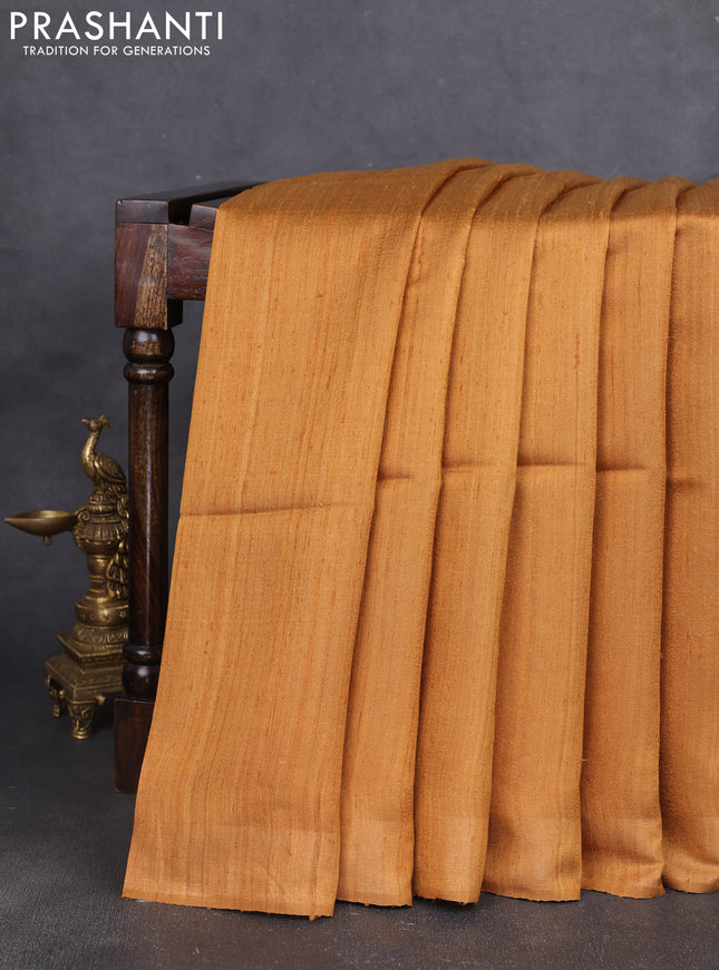 Pure dupion silk saree dark mustard and multi colour with plain body and concept printed pallu