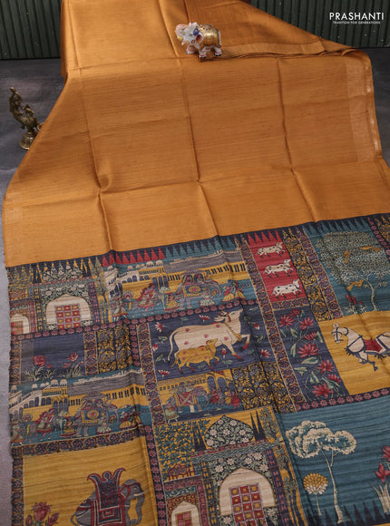 Pure dupion silk saree dark mustard and multi colour with plain body and concept printed pallu