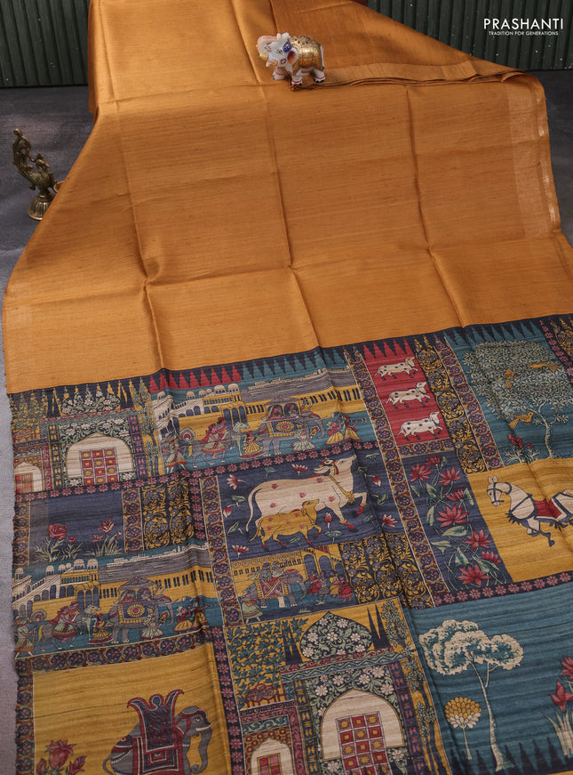Pure dupion silk saree dark mustard and multi colour with plain body and concept printed pallu