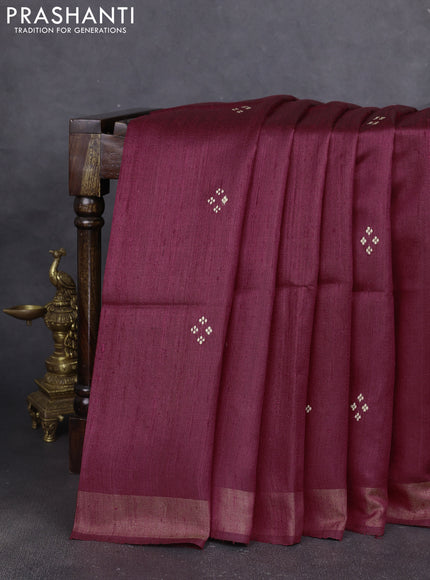 Pure dupion silk saree kumkum red and beige with thread woven buttas and concept printed pallu