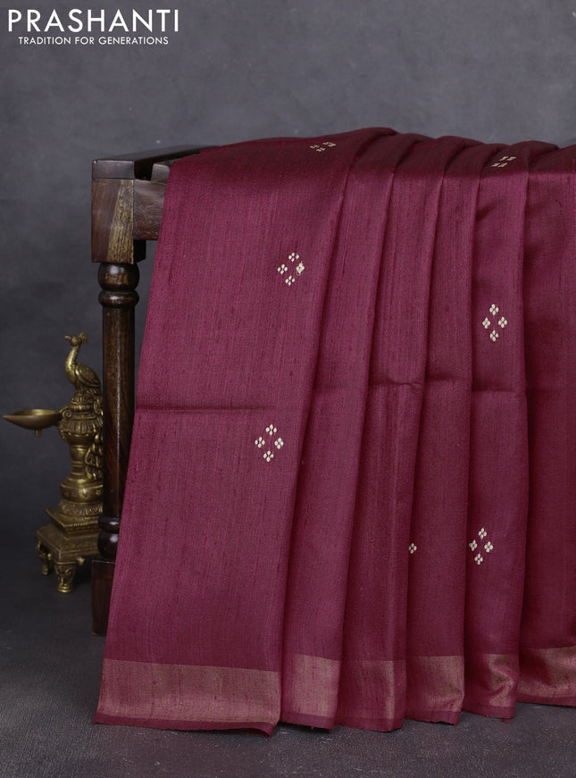 Pure dupion silk saree kumkum red and beige with thread woven buttas and concept printed pallu