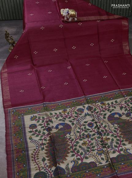 Pure dupion silk saree kumkum red and beige with thread woven buttas and concept printed pallu