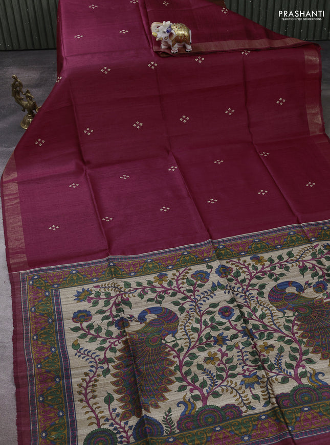 Pure dupion silk saree kumkum red and beige with thread woven buttas and concept printed pallu