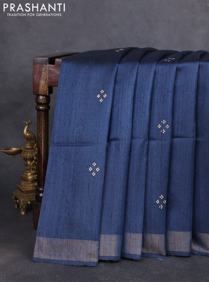 Pure dupion silk saree peacock blue and beige with thread woven buttas and concept printed pallu