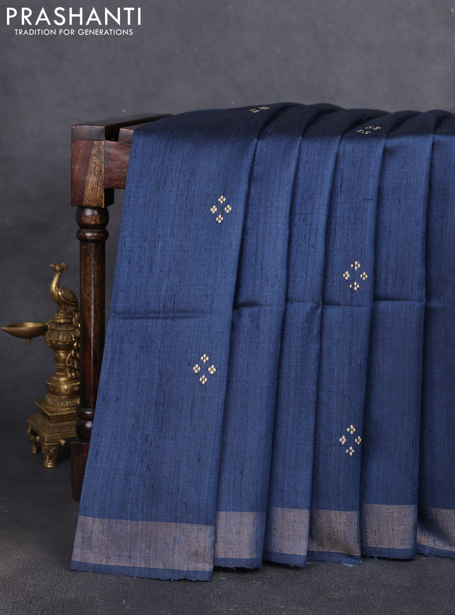 Pure dupion silk saree peacock blue and beige with thread woven buttas and concept printed pallu
