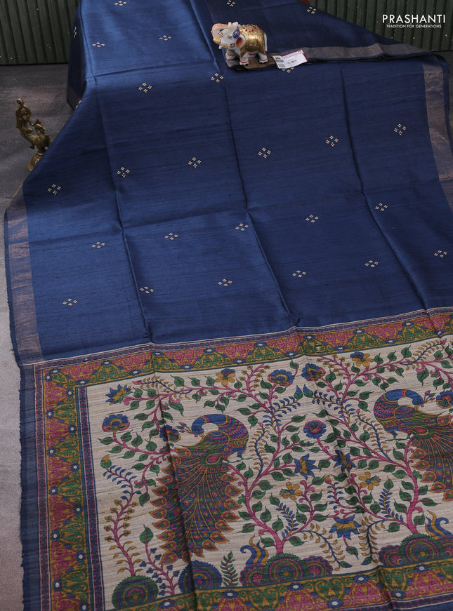 Pure dupion silk saree peacock blue and beige with thread woven buttas and concept printed pallu