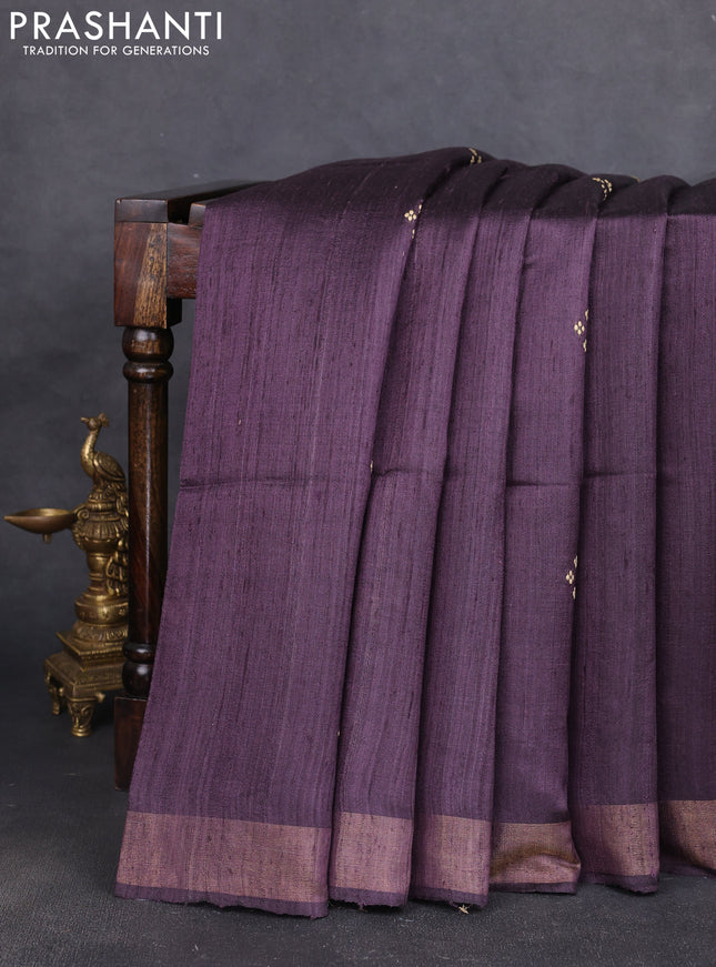 Pure dupion silk saree deep purple and beige with thread woven buttas and concept printed pallu