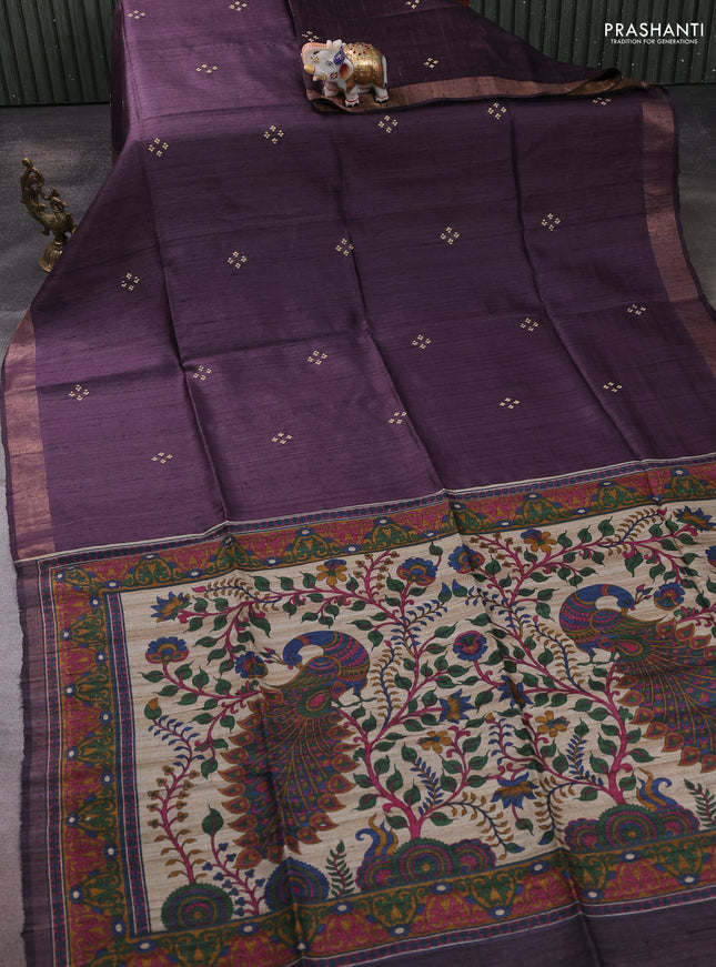 Pure dupion silk saree deep purple and beige with thread woven buttas and concept printed pallu