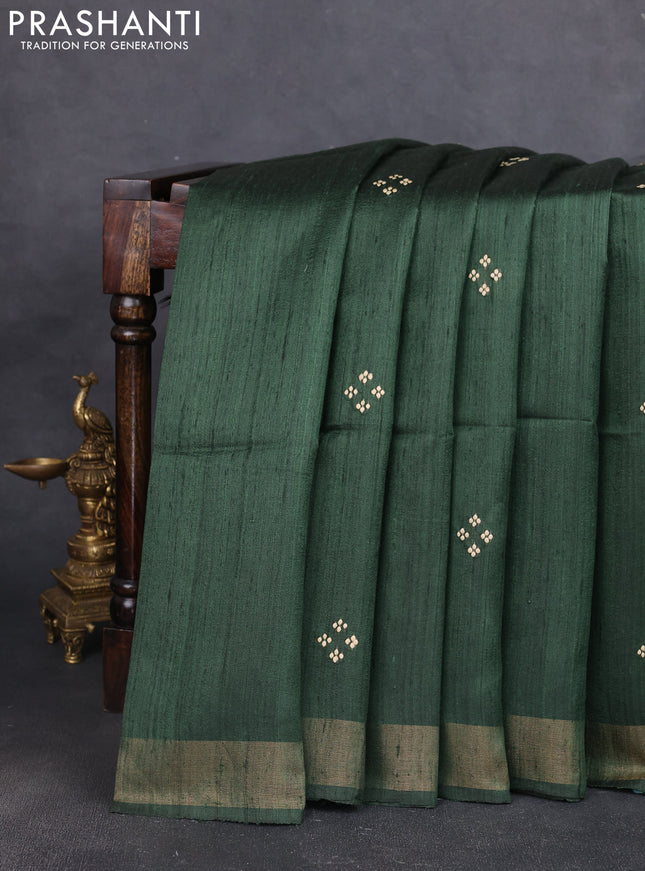 Pure dupion silk saree green and beige with thread woven buttas and concept printed pallu