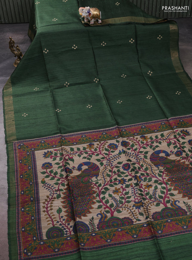 Pure dupion silk saree green and beige with thread woven buttas and concept printed pallu