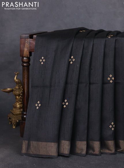 Pure dupion silk saree black and beige with thread woven buttas and concept printed pallu