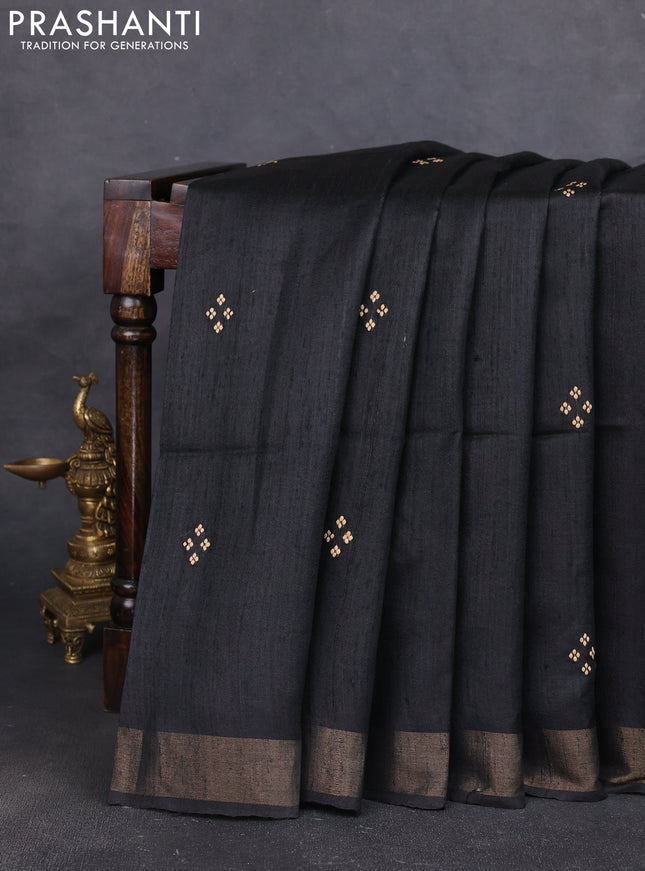 Pure dupion silk saree black and beige with thread woven buttas and concept printed pallu