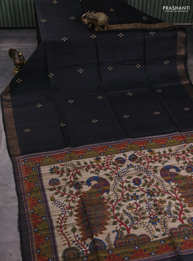 Pure dupion silk saree black and beige with thread woven buttas and concept printed pallu