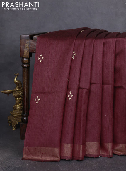 Pure dupion silk saree maroon and beige with thread woven buttas and concept printed pallu