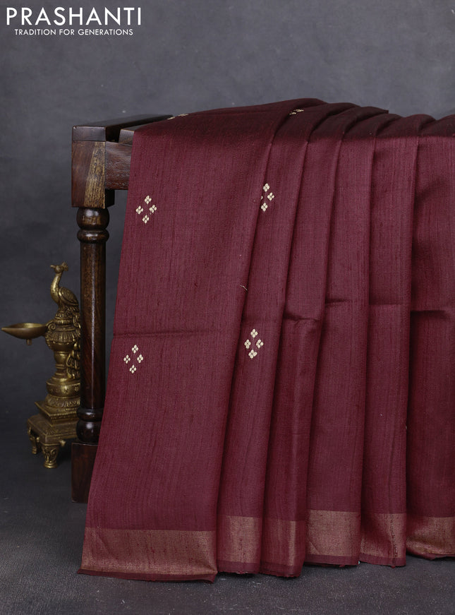 Pure dupion silk saree maroon and beige with thread woven buttas and concept printed pallu