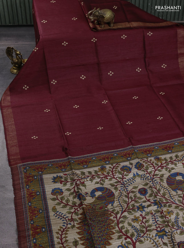 Pure dupion silk saree maroon and beige with thread woven buttas and concept printed pallu
