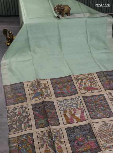 Pure dupion silk saree pastel green and multi colour with thread woven buttas and concept printed pallu
