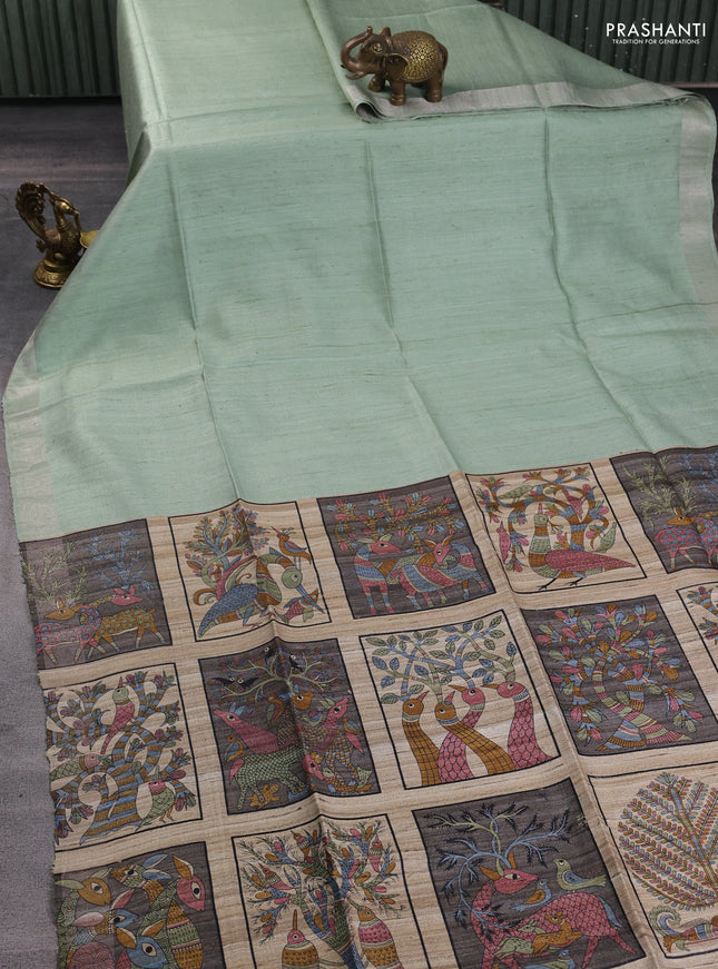 Pure dupion silk saree pastel green and multi colour with thread woven buttas and concept printed pallu