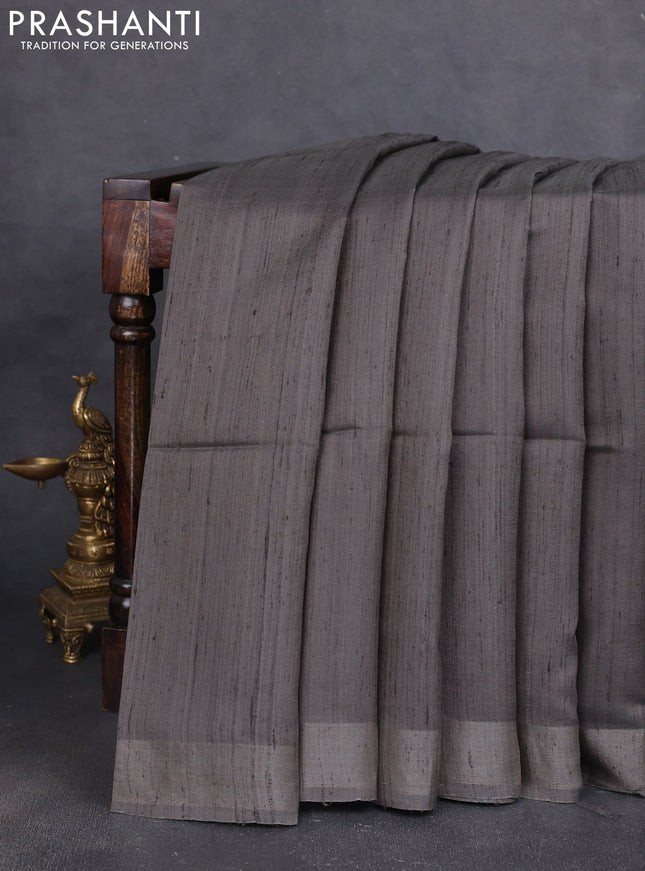 Pure dupion silk saree grey and multi colour with plain body and concept printed pallu
