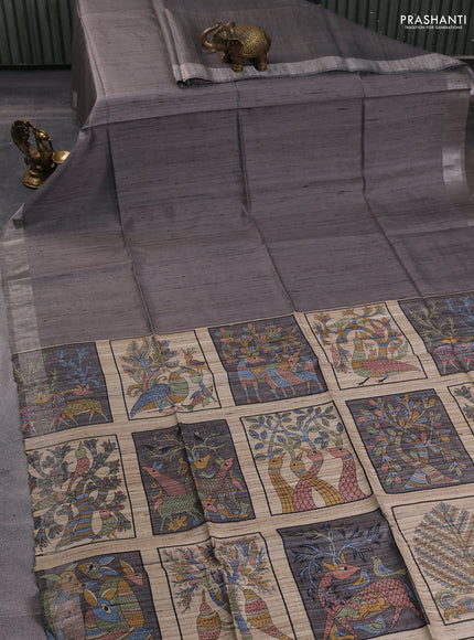 Pure dupion silk saree grey and multi colour with plain body and concept printed pallu