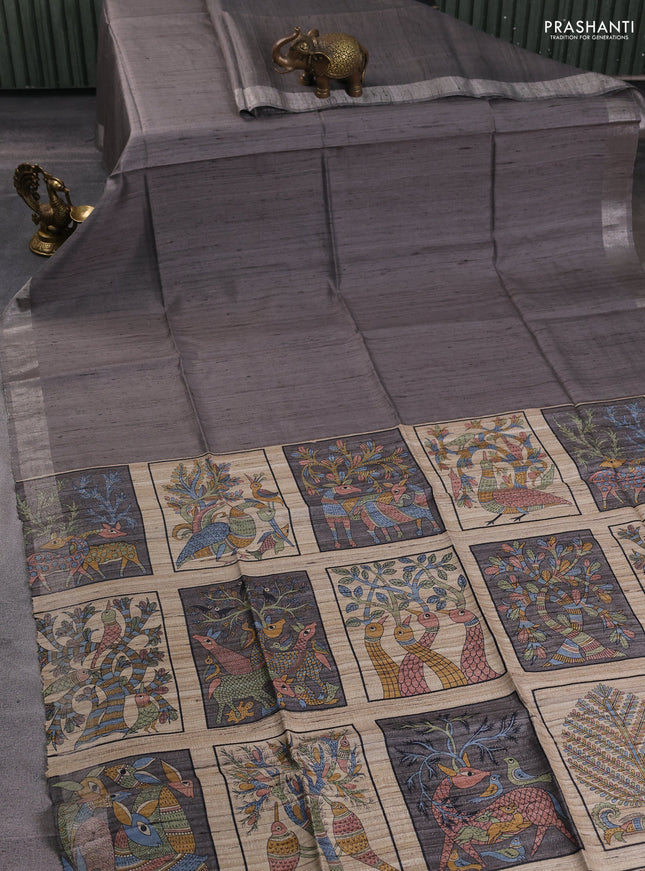 Pure dupion silk saree grey and multi colour with plain body and concept printed pallu