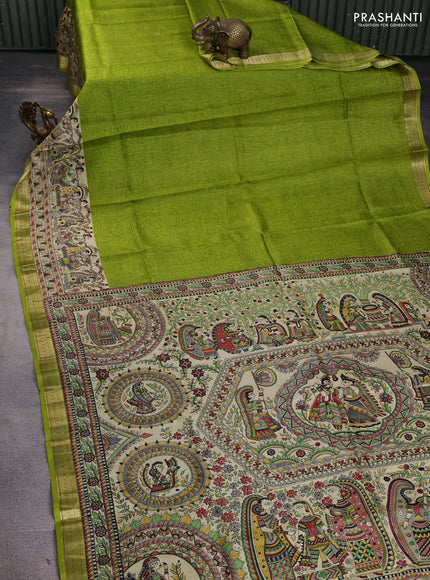 Pure printed silk saree light green with allover prints and madhubani printed zari woven border