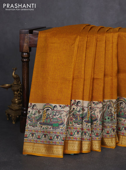 Pure printed silk saree mustard yellow with allover prints and madhubani printed zari woven border
