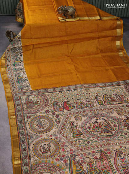 Pure printed silk saree mustard yellow with allover prints and madhubani printed zari woven border