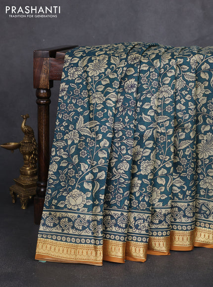 Pure printed silk saree peacock green and mustard yellow with allover kalamkari prints and zari woven border