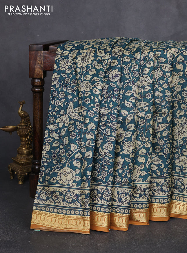 Pure printed silk saree peacock green and mustard yellow with allover kalamkari prints and zari woven border