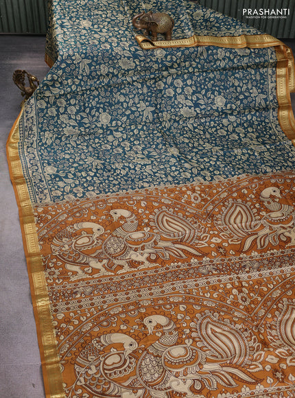 Pure printed silk saree peacock green and mustard yellow with allover kalamkari prints and zari woven border
