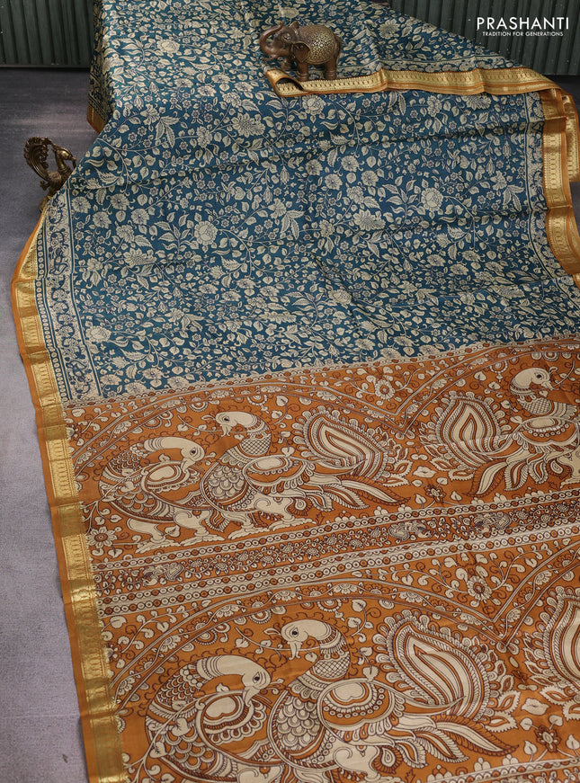 Pure printed silk saree peacock green and mustard yellow with allover kalamkari prints and zari woven border