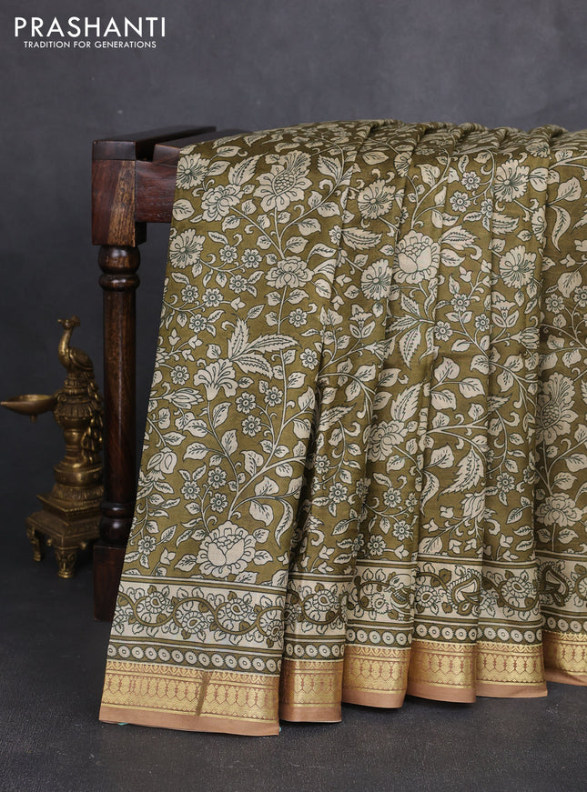 Pure printed silk saree mehendi green and brown with allover kalamkari prints and zari woven border