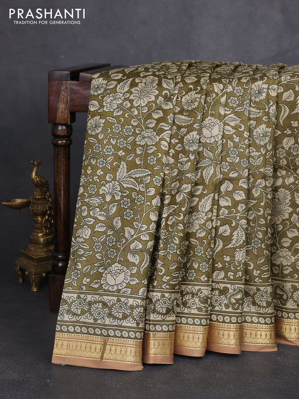 Pure printed silk saree mehendi green and brown with allover kalamkari prints and zari woven border
