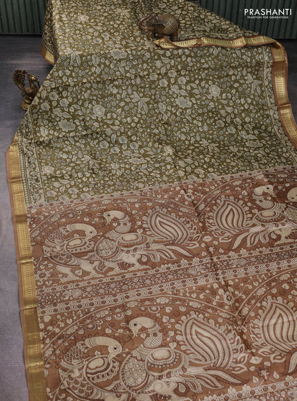 Pure printed silk saree mehendi green and brown with allover kalamkari prints and zari woven border