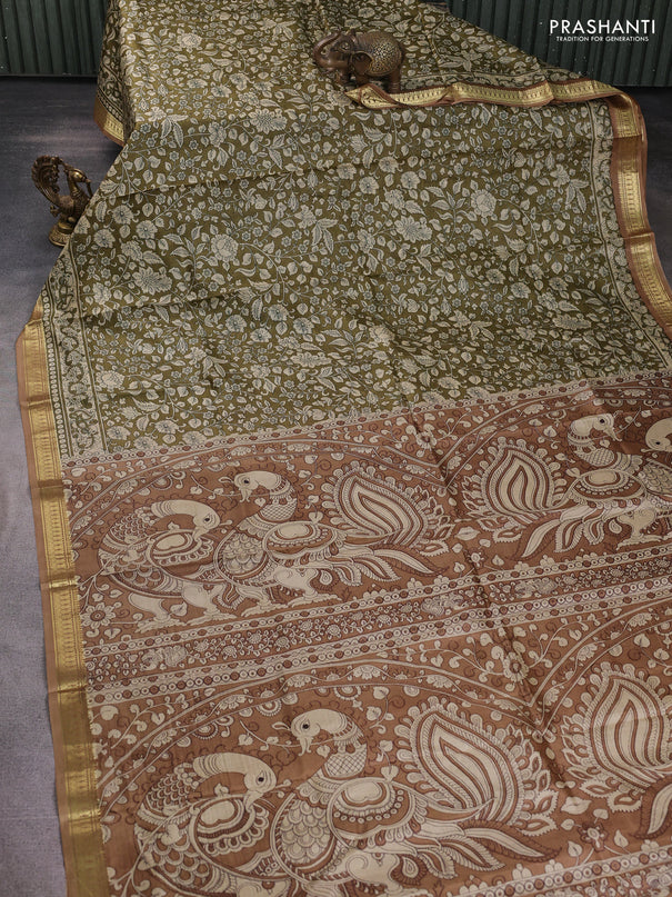 Pure printed silk saree mehendi green and brown with allover kalamkari prints and zari woven border