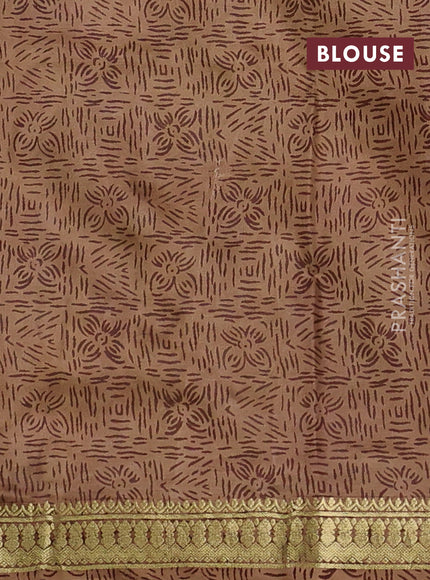 Pure printed silk saree mehendi green and brown with allover kalamkari prints and zari woven border