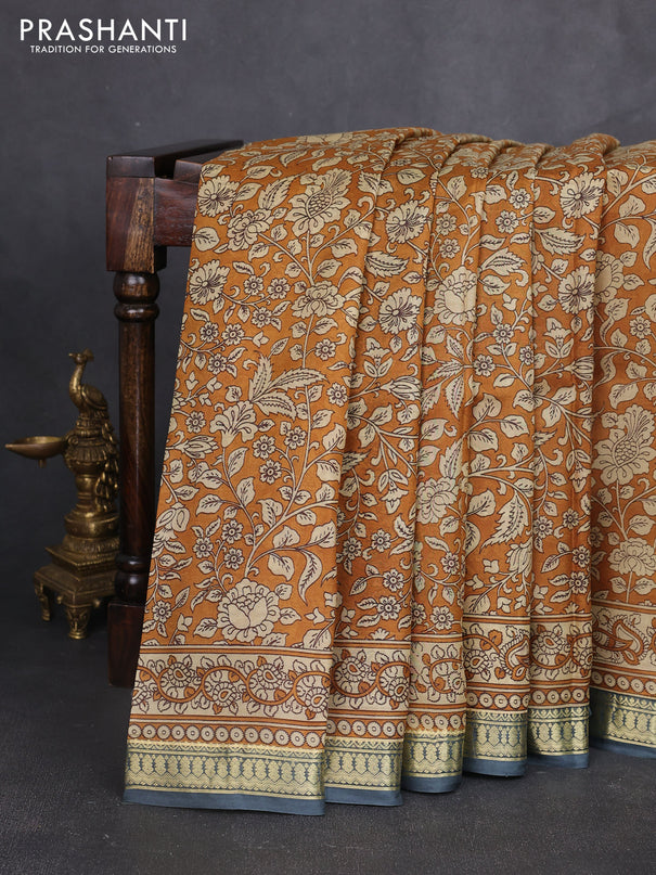 Pure printed silk saree mustard yellow and grey with allover kalamkari prints and zari woven border
