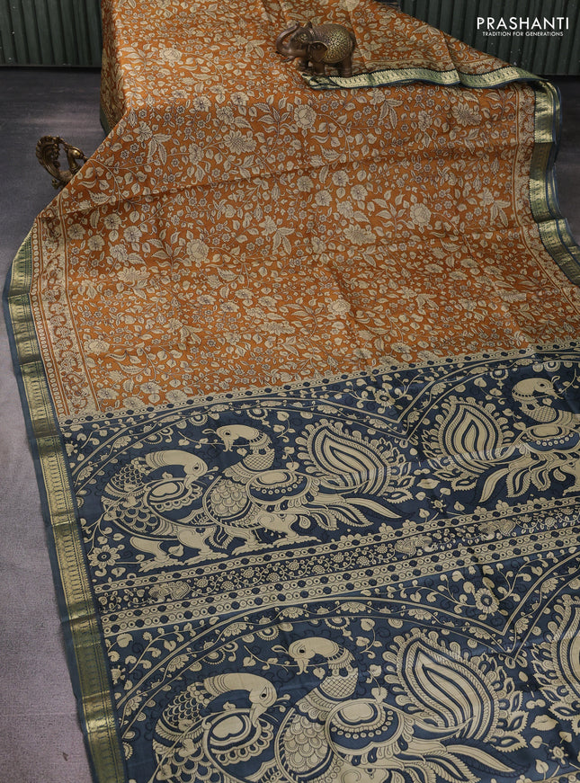 Pure printed silk saree mustard yellow and grey with allover kalamkari prints and zari woven border