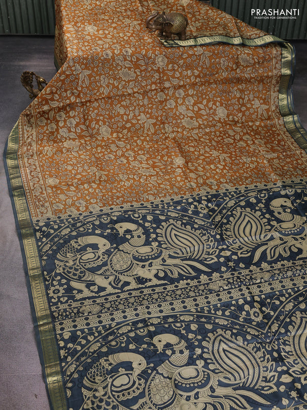 Pure printed silk saree mustard yellow and grey with allover kalamkari prints and zari woven border