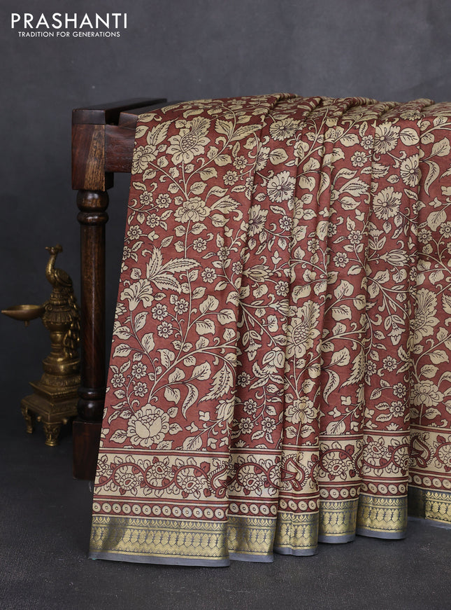 Pure printed silk saree coffee brown and grey with allover kalamkari prints and zari woven border