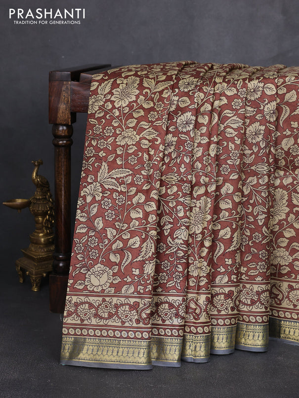 Pure printed silk saree coffee brown and grey with allover kalamkari prints and zari woven border