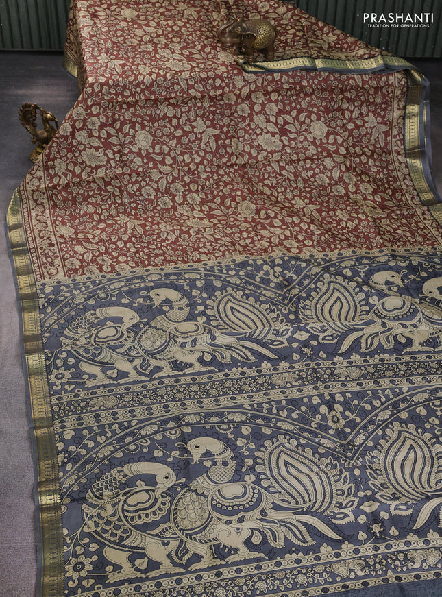 Pure printed silk saree coffee brown and grey with allover kalamkari prints and zari woven border