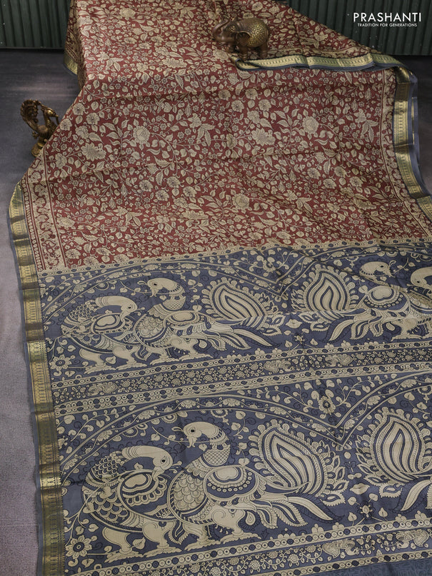 Pure printed silk saree coffee brown and grey with allover kalamkari prints and zari woven border