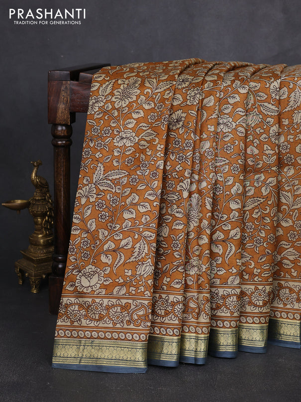 Pure printed silk saree mustard yellow and grey with allover kalamkari prints and zari woven border