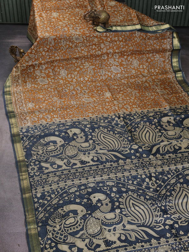 Pure printed silk saree mustard yellow and grey with allover kalamkari prints and zari woven border
