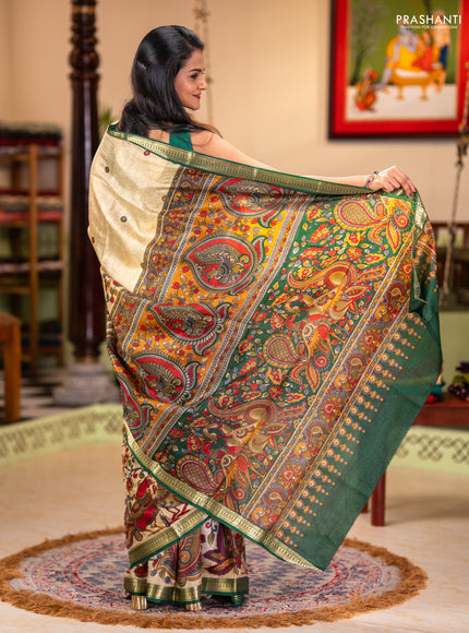 Pure printed silk saree beige and green with allover kalamkari prints and zari woven border
