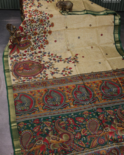 Pure printed silk saree beige and green with allover kalamkari prints and zari woven border