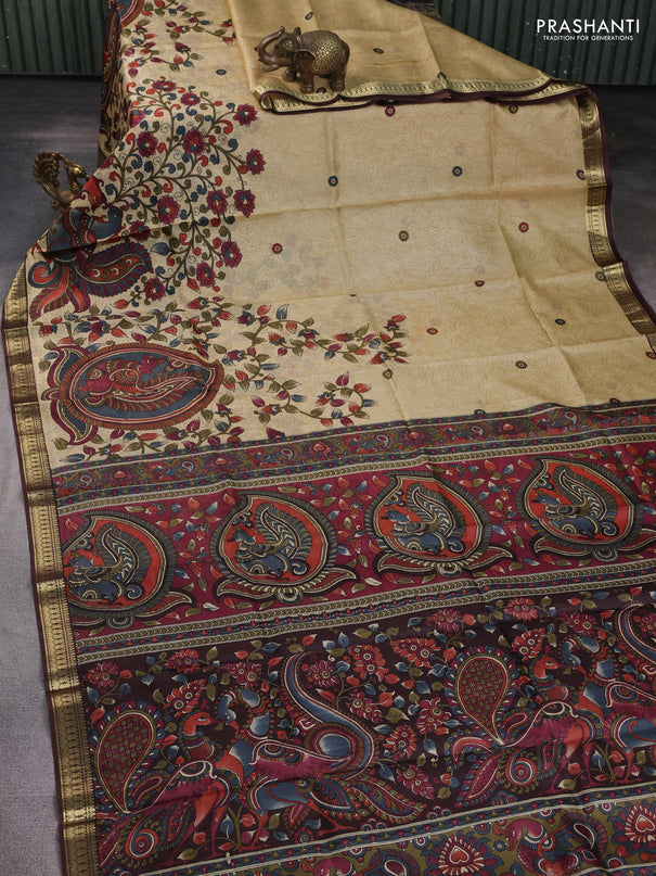 Pure printed silk saree beige and coffee brown with allover kalamkari prints and zari woven border